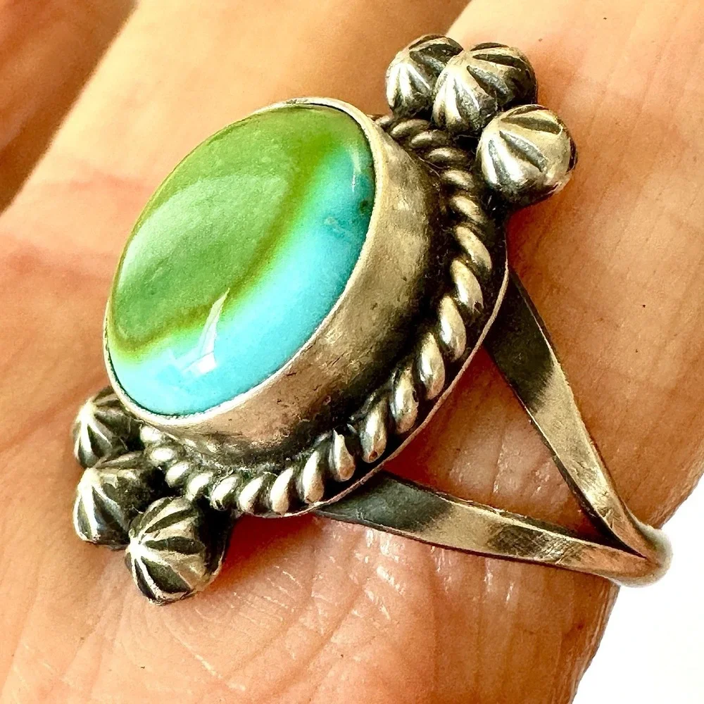 Navajo Sonoran Gold Turquoise Ring Sz 7 Sterling Native American Handmade‎